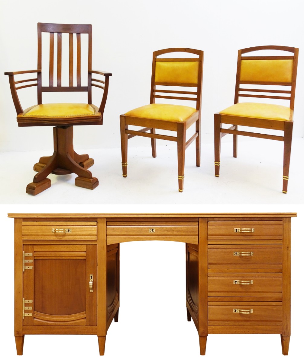 Gustave Serrurier Bovy Set Of Blond Mahogany Desk Chairs Bach