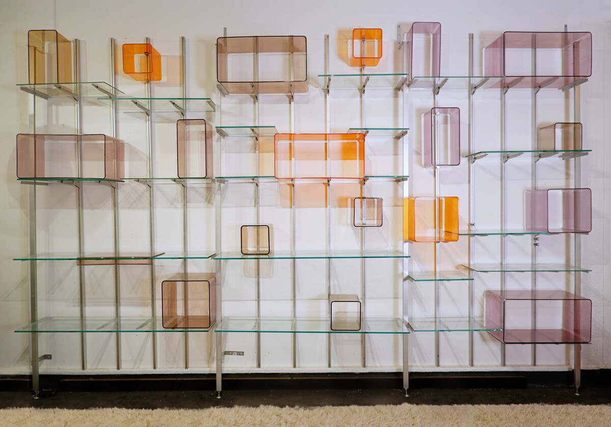 Modular wall shelf in brushed metal, glass and acrylic, in the style of Michel Ducaroy