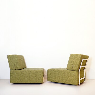 Pair of lounge chairs with white metal frame and new mottled green upholstery