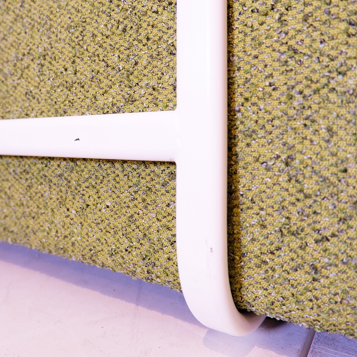 Pair of lounge chairs with white metal frame and new mottled green upholstery