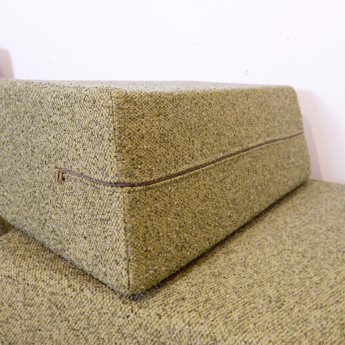 Pair of lounge chairs with white metal frame and new mottled green upholstery