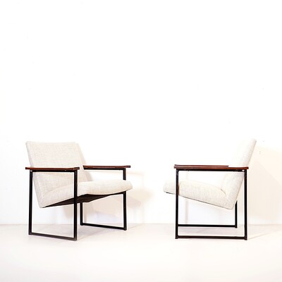 Pair of mid-century armchairs with black metal frames and wooden armrests - New Upholstery