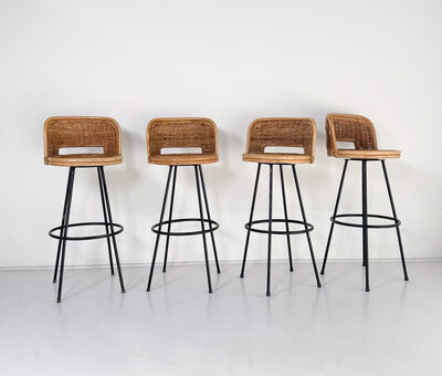 4 Bar Stools, Wicker and Wrought Iron, 1960s - Sold per item