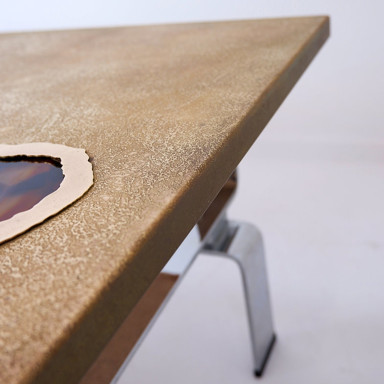 Acid-etched brass coffee table top by Christian Krekels with an agate stone