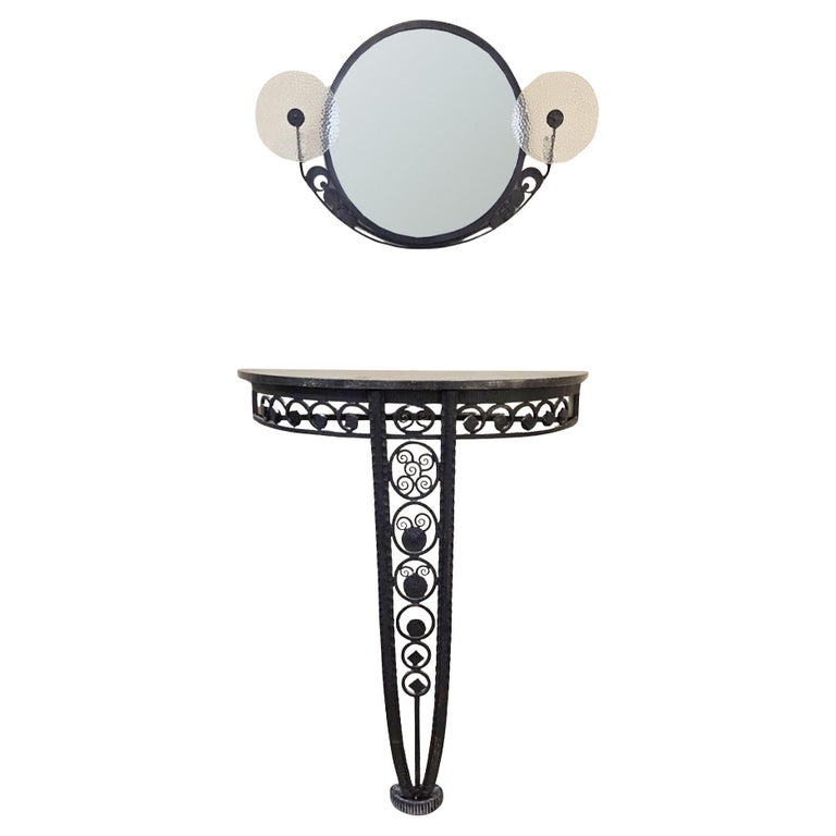 Art Deco Wrought Iron Console Table And Mirror, Circa 1940