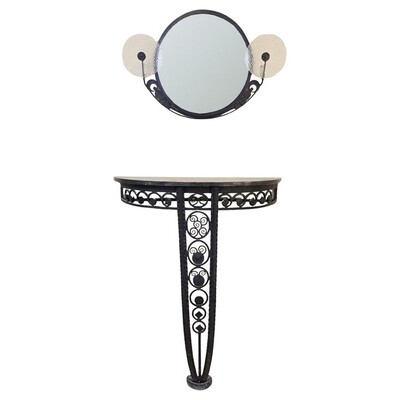 Art Deco Wrought Iron Console Table And Mirror, Circa 1940