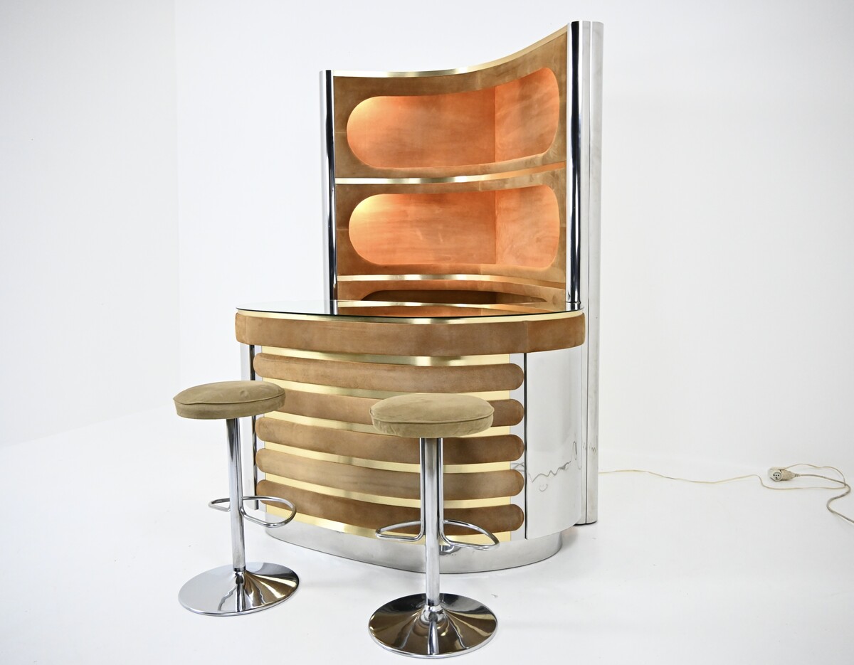 Bar set with 2 stools in the style of Willy Rizzo - 1970s