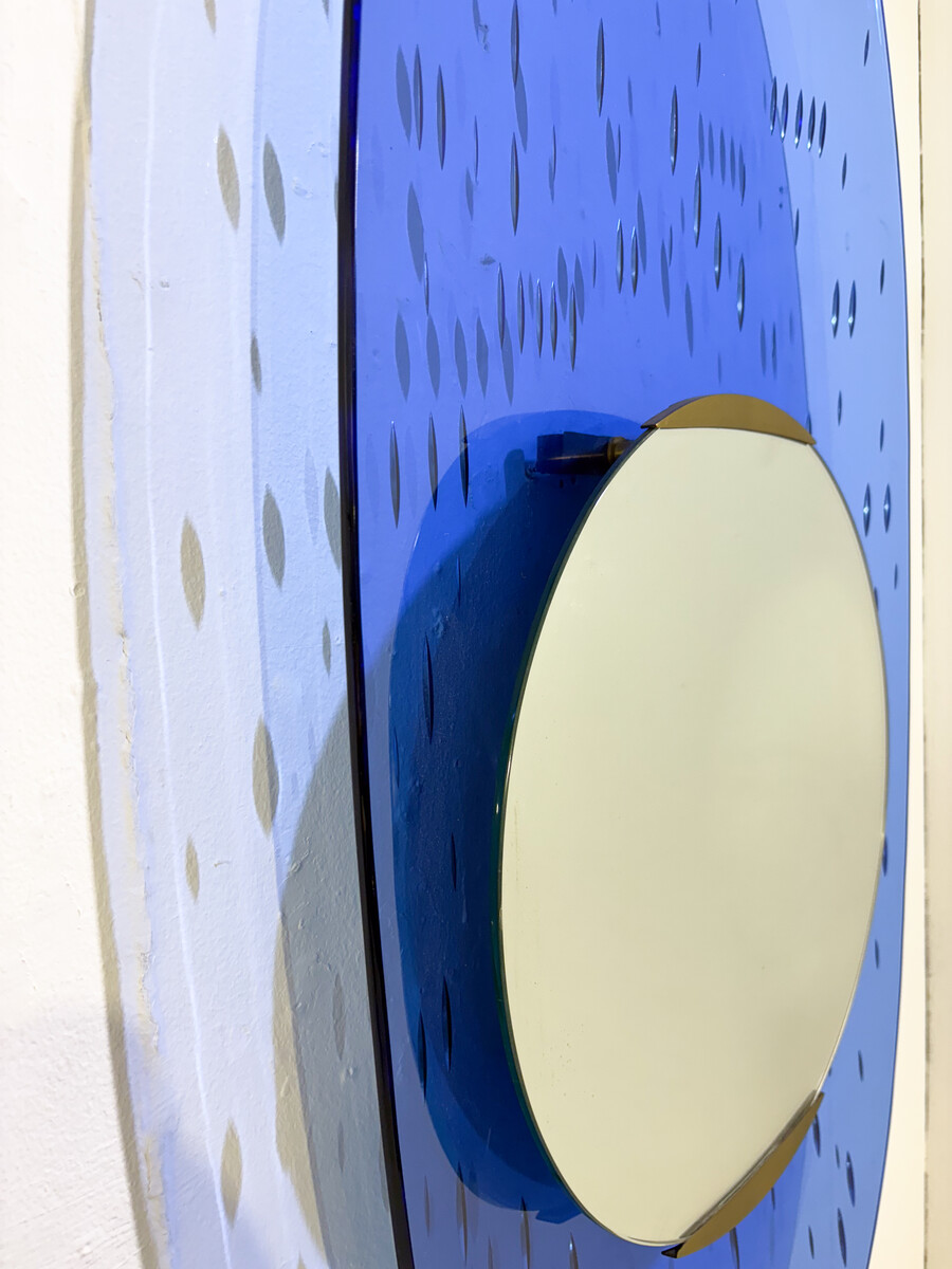 Blue glass mirror by Ettore Sottsass for Santambrogio & de Berti, Italy, 1950's