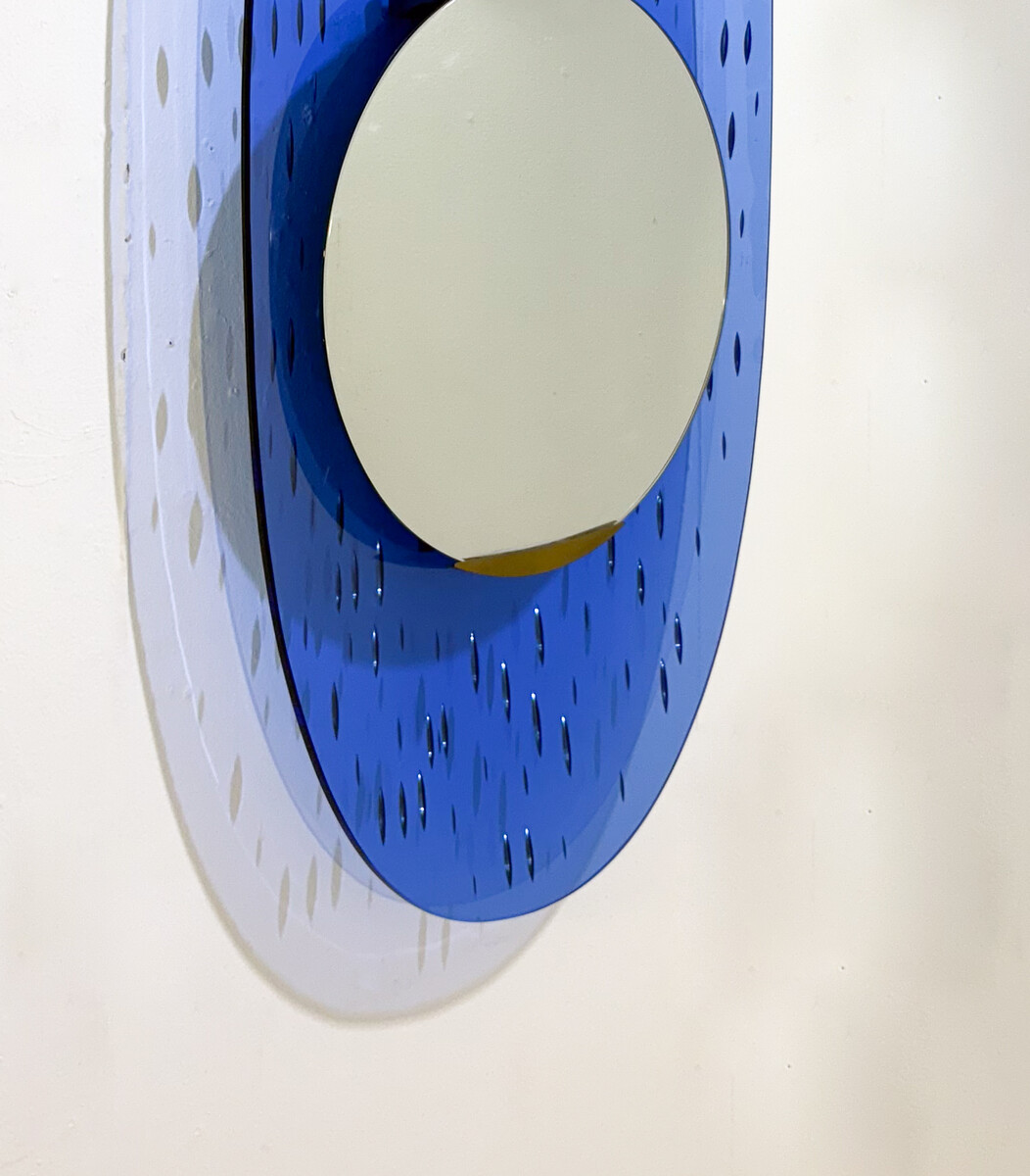 Blue Glass Mirror by Ettore Sottsass for Santambrogio & de Berti, Italy, 1950s