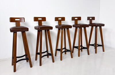 Brutalist Bar Stool, Wood and Leather, 1970s - 5 available