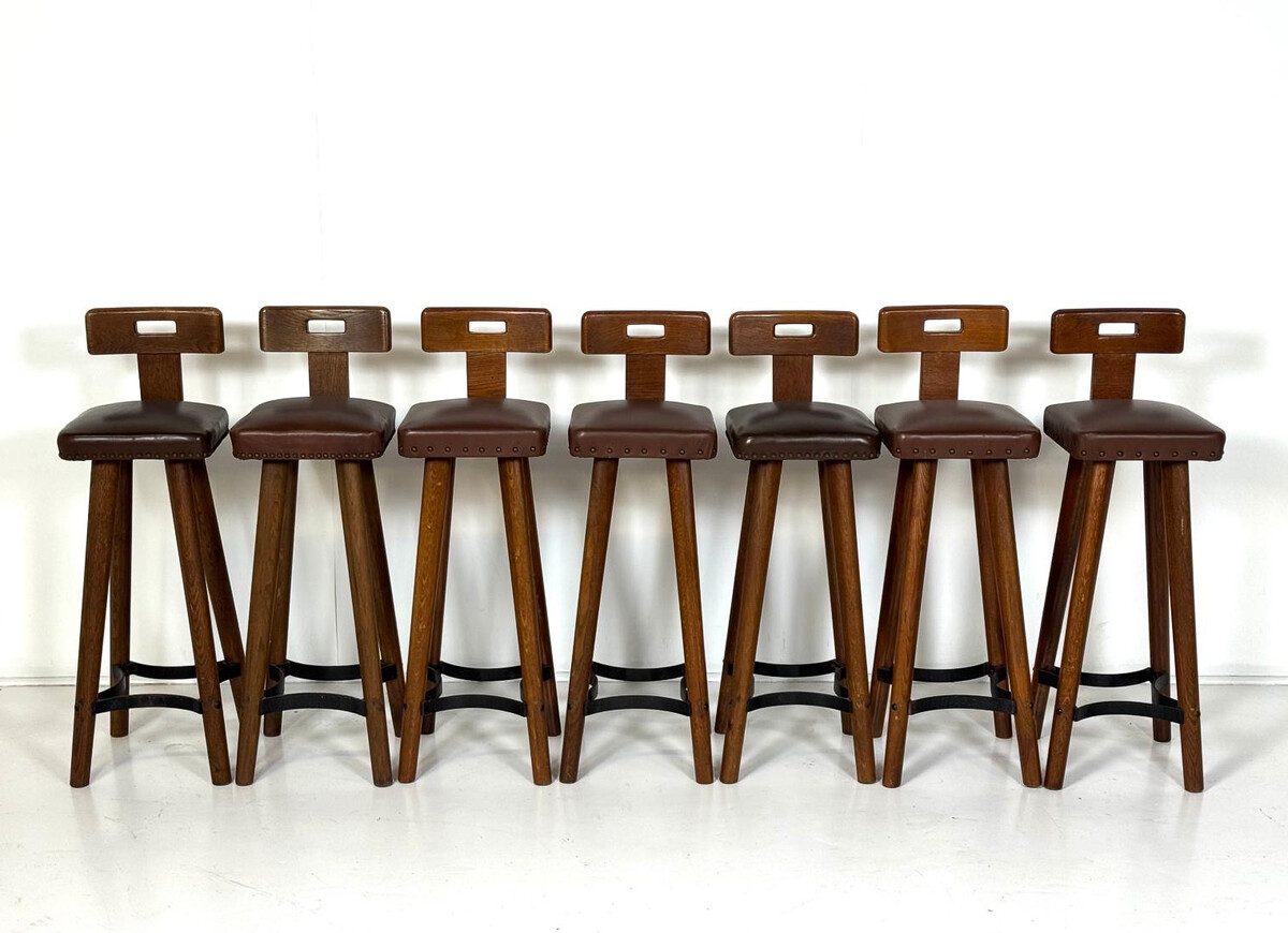 Brutalist Bar Stool, Wood and Leather, 1970s - 7 available