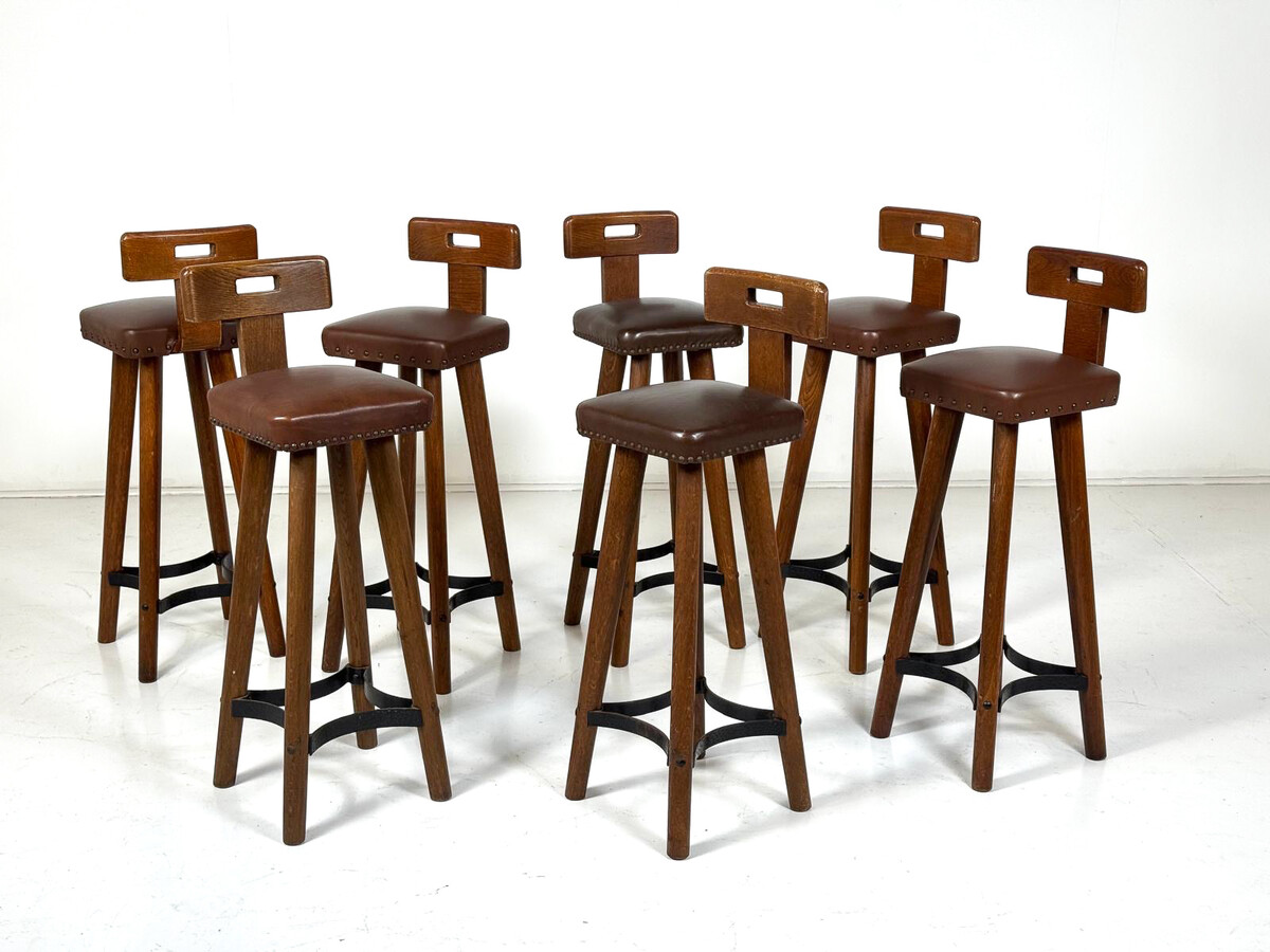 Brutalist Bar Stool, Wood and Leather, 1970s - 7 available