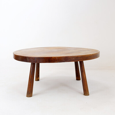 Brutalist vintage massive oak wood round coffee table Ø105cm