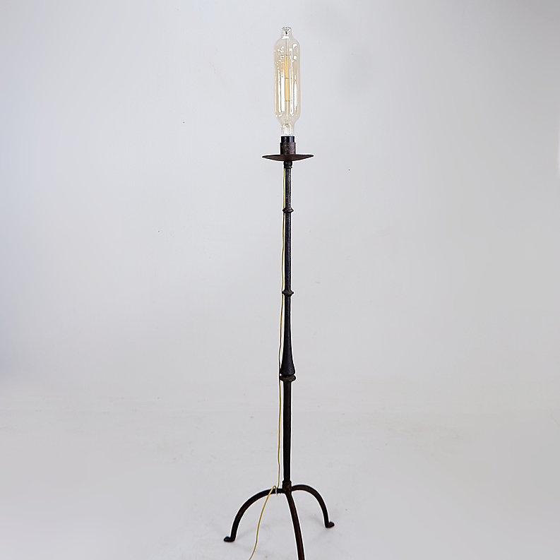 Brutalist wrought iron tripod floor lamp with bulb