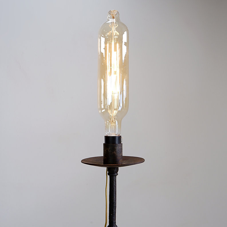 Brutalist wrought iron tripod floor lamp with bulb