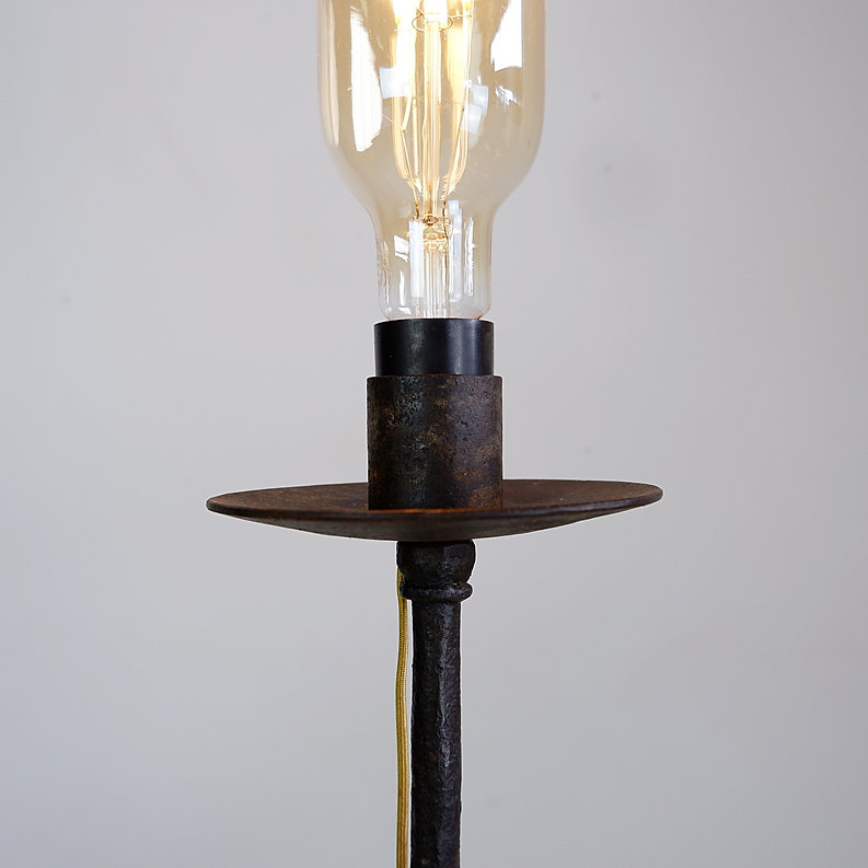 Brutalist wrought iron tripod floor lamp with bulb