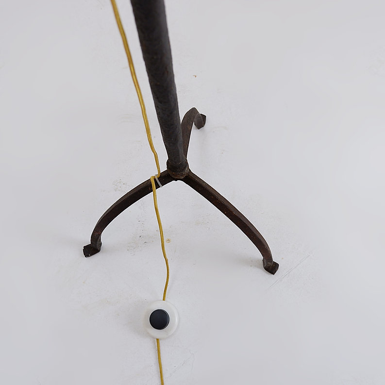 Brutalist wrought iron tripod floor lamp with bulb