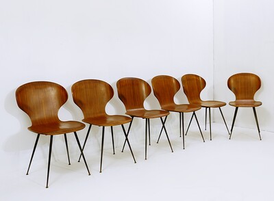 Carlo Ratti for Industria Legni Curvati, set of 6 dining chairs, plywood and metal, Italy, 1970s