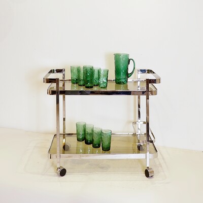 Chrome rolling trolley with smoked glass tops, 70s, with bottle holder