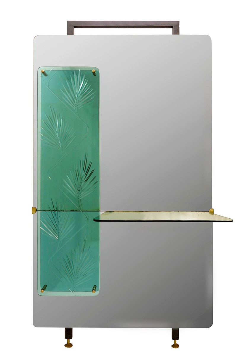 console mirror with decorative panel in green vegetable engraved crystal - green crystal top - Italy