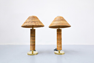 Contemporary Pair of Brass and Bamboo Table Lamp, Italy