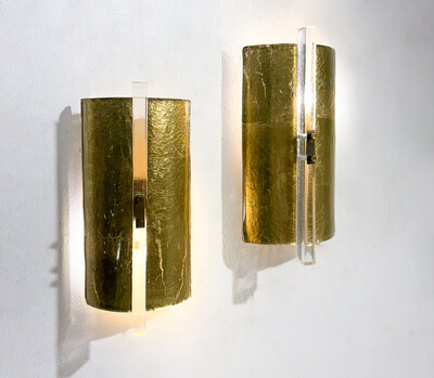 Contemporary Pair of Gold Wall Lights, Glass, Italy