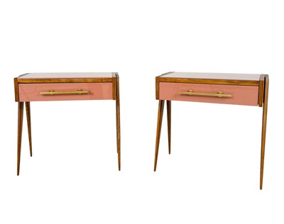 Contemporary Pair of Pink Nightstands, Wood and Glass, Italy