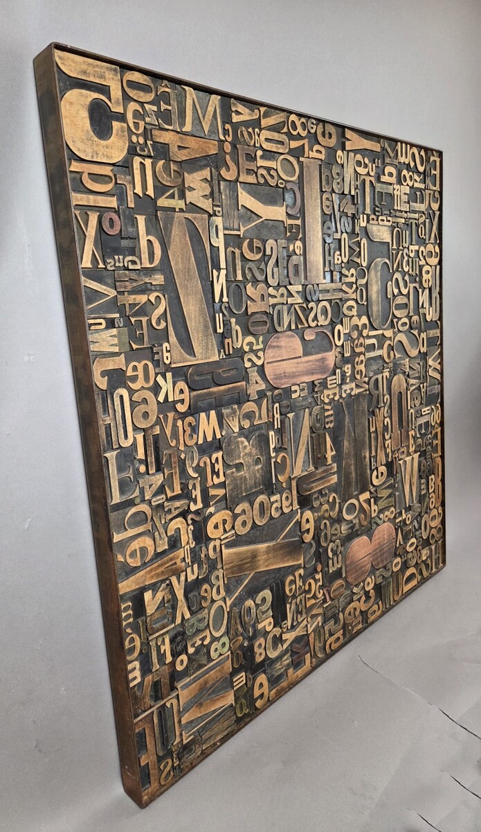 Decorative Wooden Panel adorned with Antique Printing Letters, 1 Available