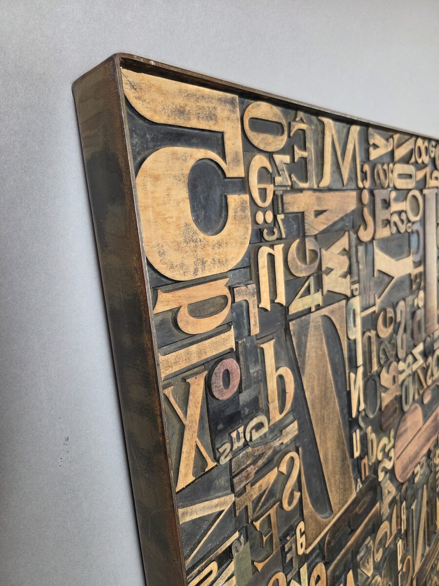 Decorative Wooden Panel adorned with Antique Printing Letters, 1 Available