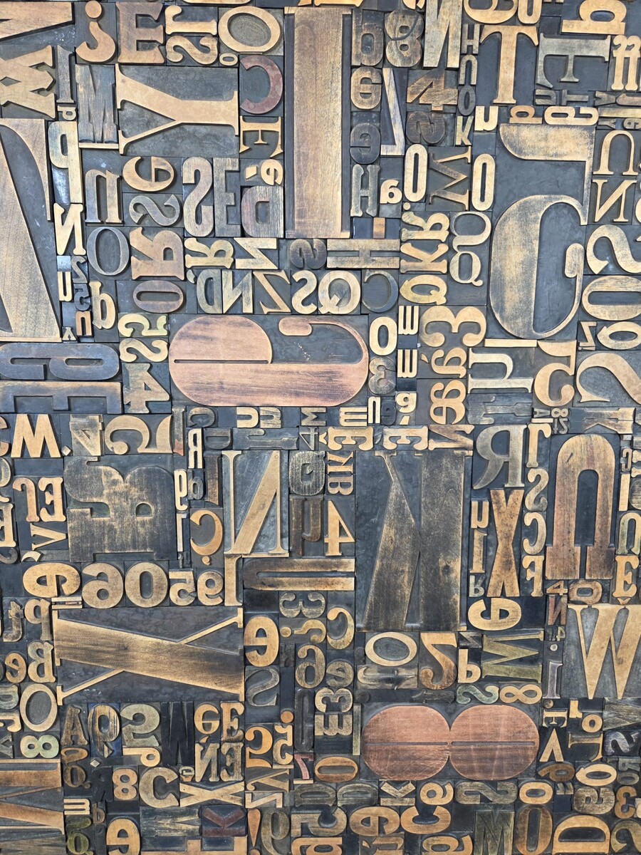 Decorative Wooden Panel adorned with Antique Printing Letters, 1 Available