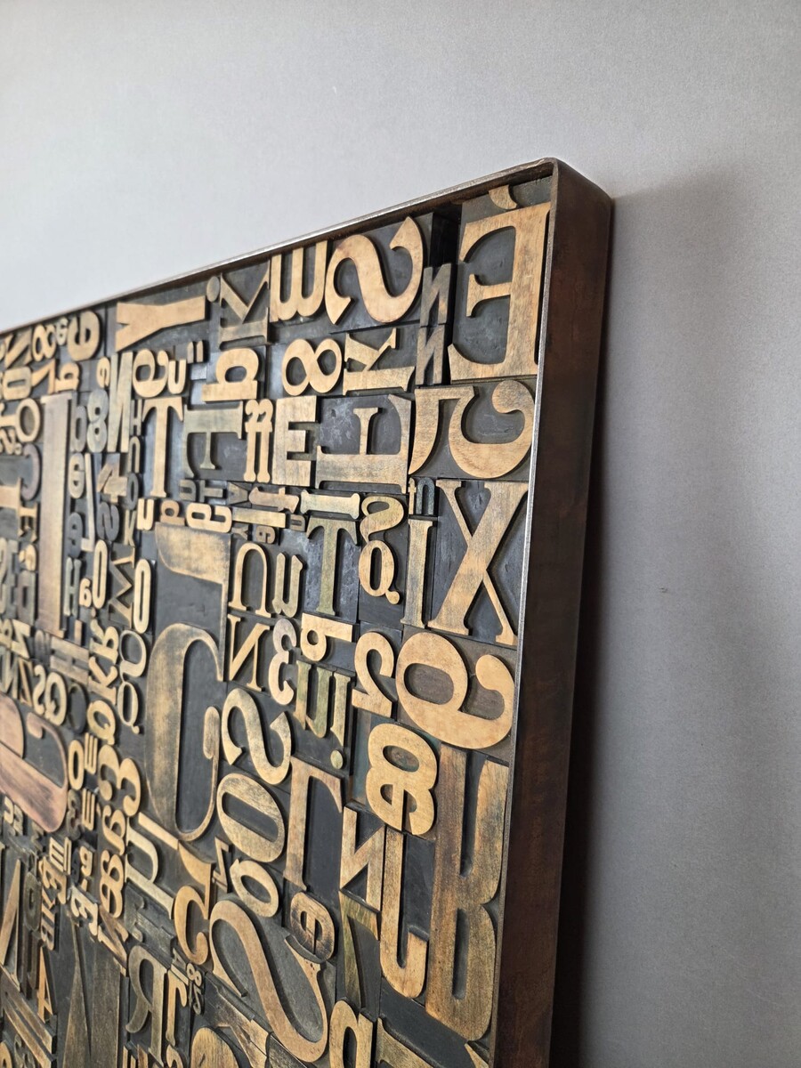 Decorative Wooden Panel adorned with Antique Printing Letters, 1 Available