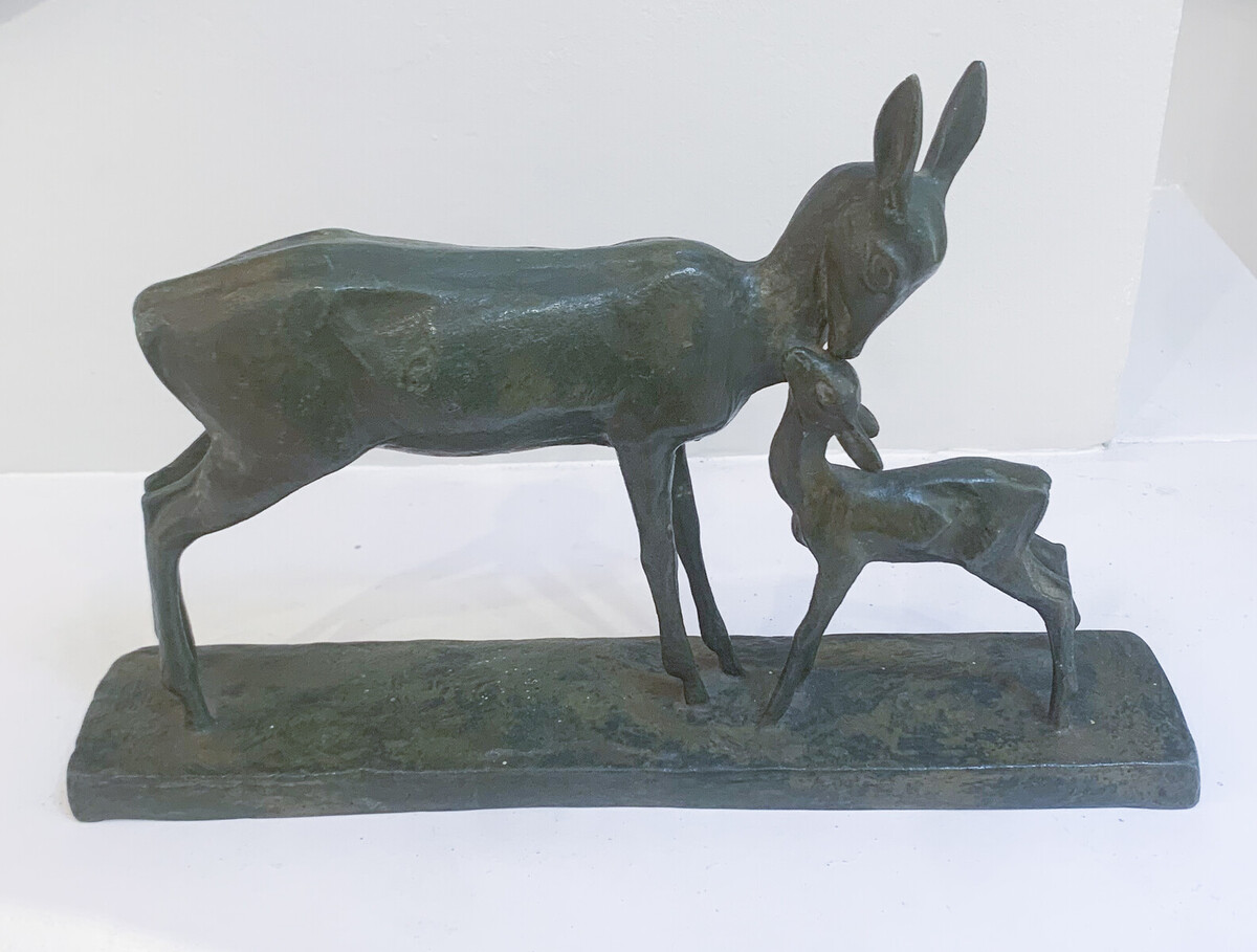 Deer and child Art Deco bronze sculpture signed André Vincent Becquerel - France c.1940