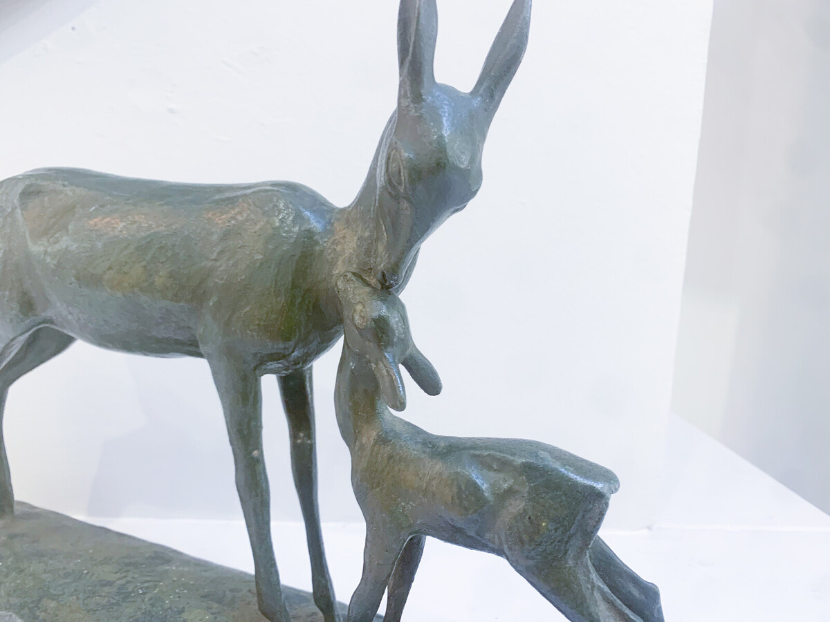 Deer and child Art Deco bronze sculpture signed André Vincent Becquerel - France c.1940