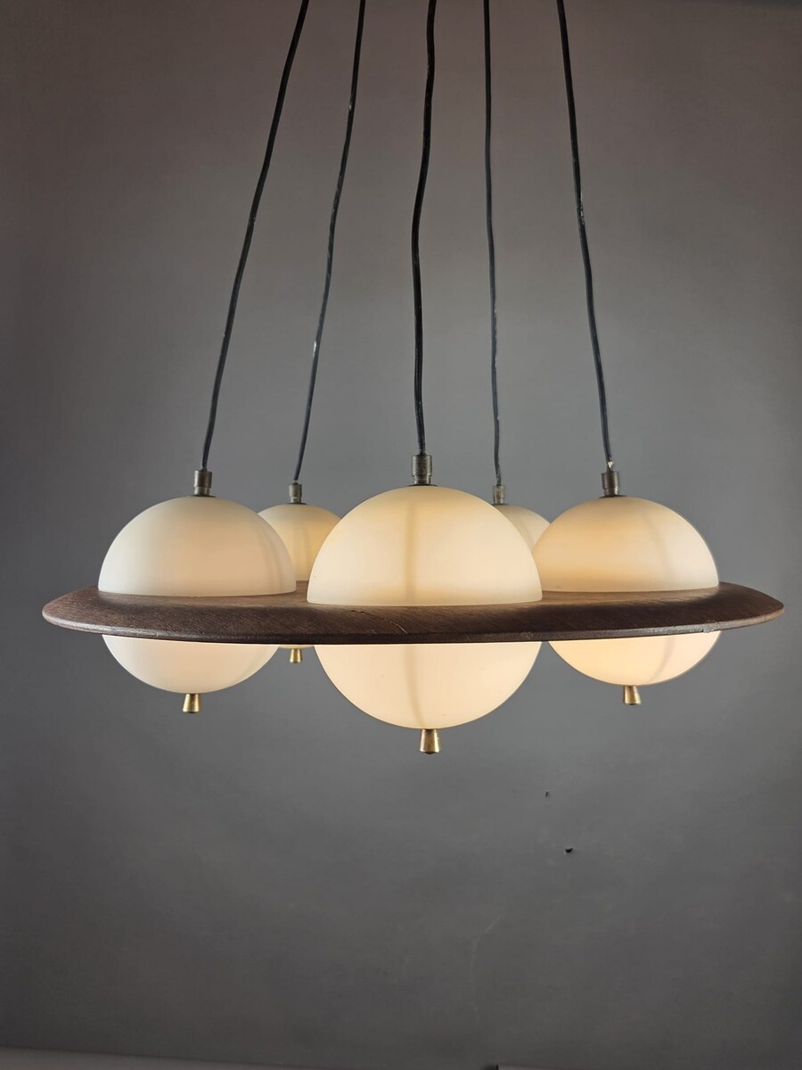 Goffredo Reggiani, Opaline Glass Chandelier With Teak Frame, Italy, 1960s