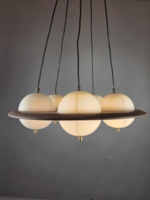 Goffredo Reggiani, Opaline Glass Chandelier With Teak Frame, Italy, 1960s