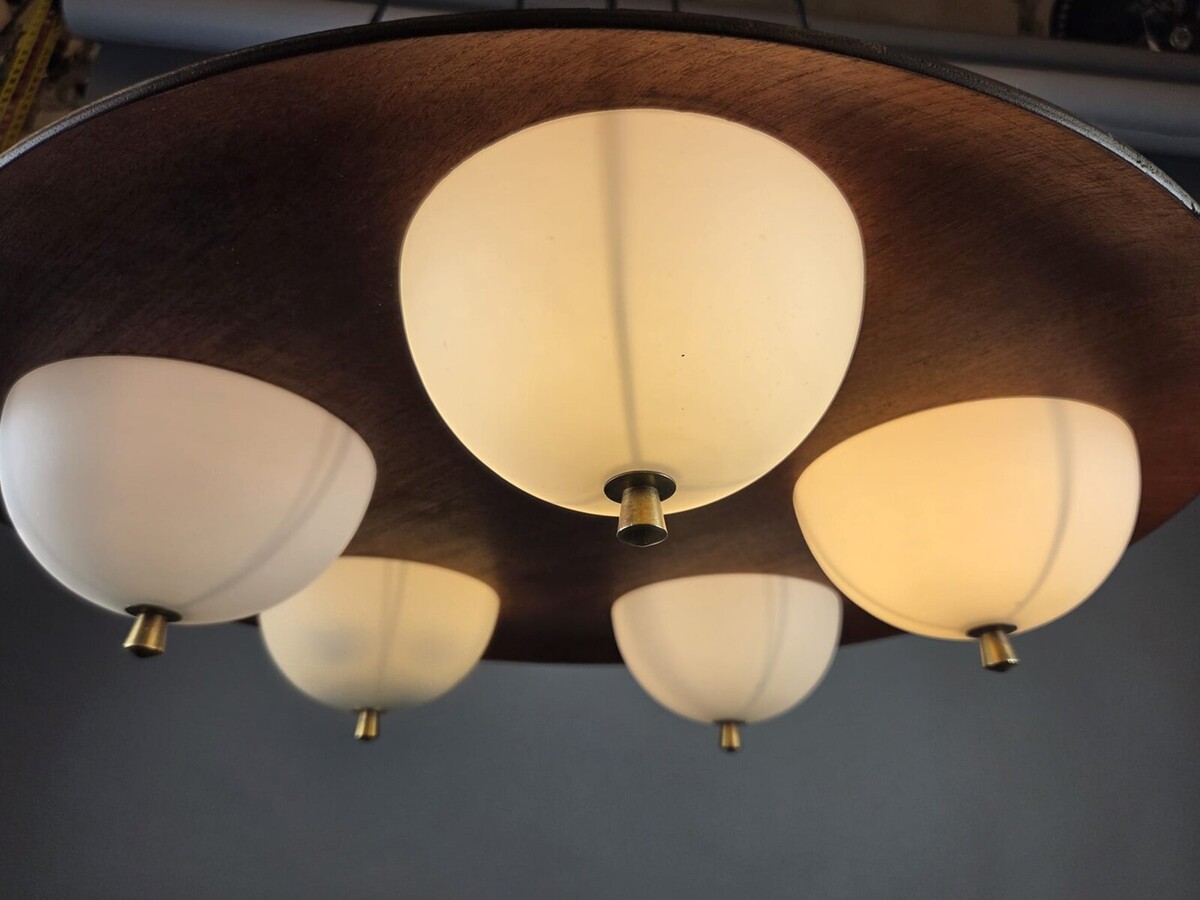Goffredo Reggiani, Opaline Glass Chandelier With Teak Frame, Italy, 1960s