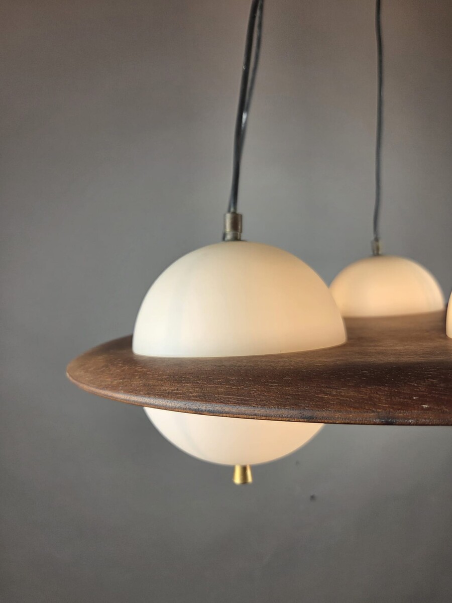 Goffredo Reggiani, Opaline Glass Chandelier With Teak Frame, Italy, 1960s
