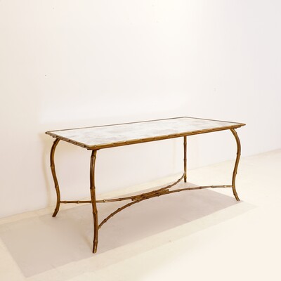 Gold Metal Faux Bamboo Coffee Table with Eglomise Glass Top - Italy 1970s -
