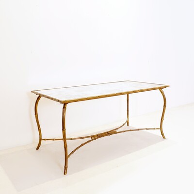 Gold Metal Faux Bamboo Coffee Table with Eglomise Glass Top - Italy 1970s -