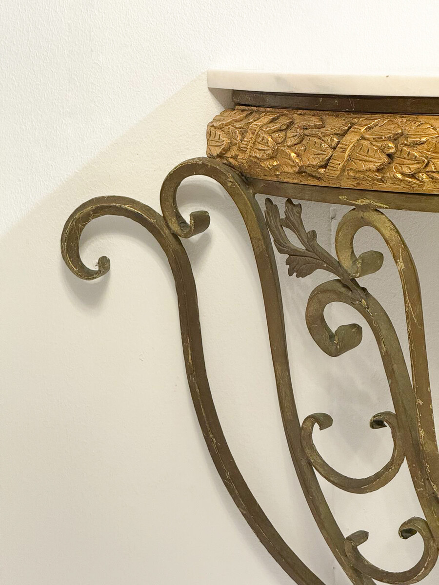 Half moon marble and wrought iron console