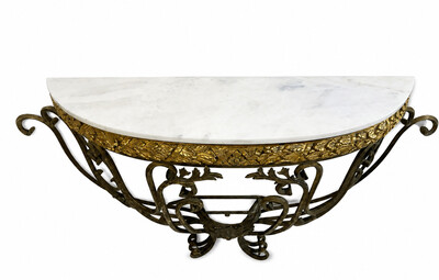 Half moon marble and wrought iron console