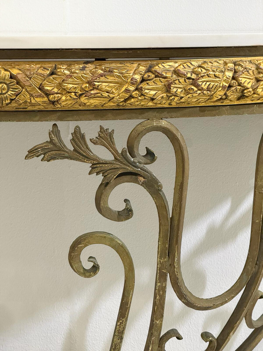 Half moon marble and wrought iron console