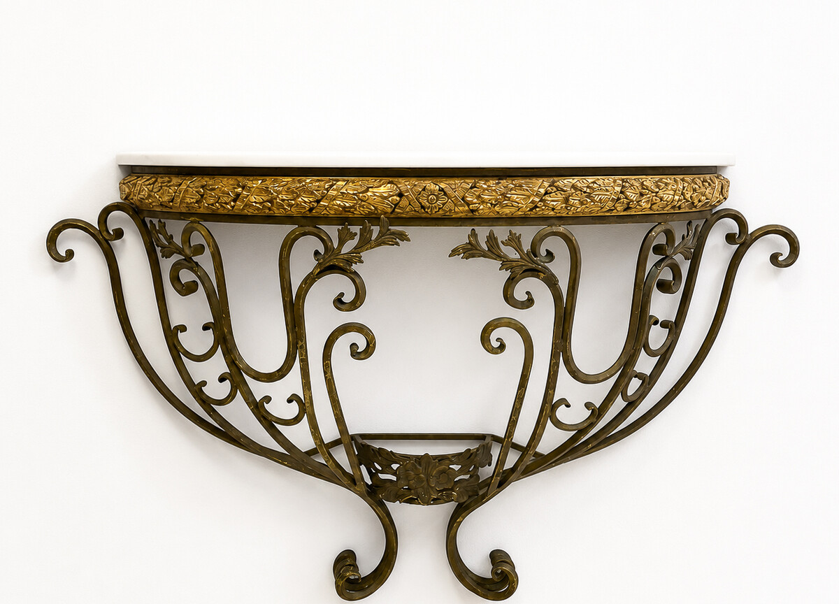 Half moon marble and wrought iron console