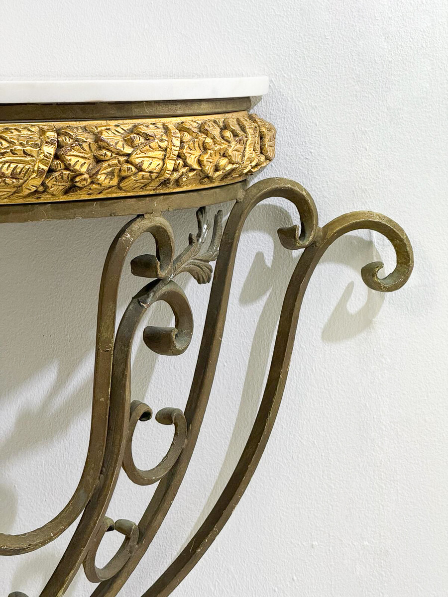 Half moon marble and wrought iron console
