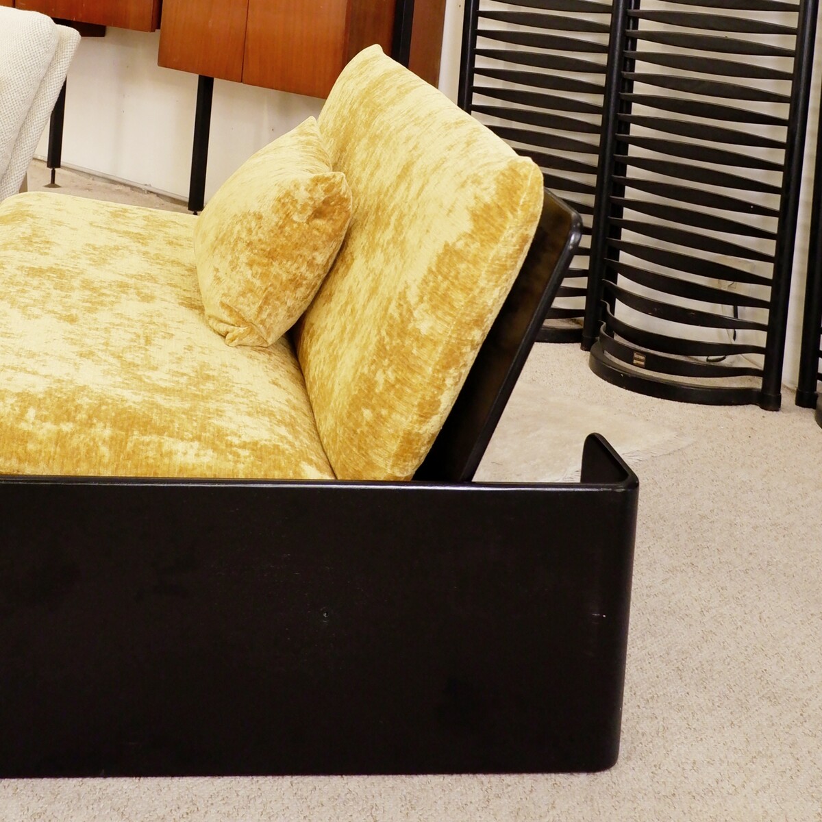 Italian sofa with black lacquered frame and new textured gold velvet upholstery