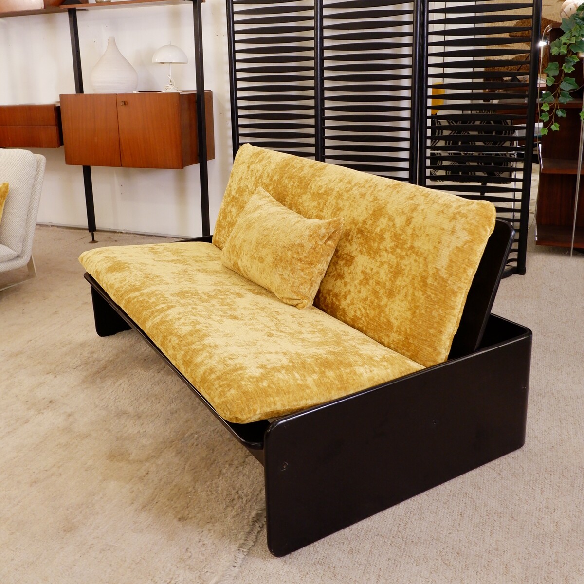 Italian sofa with black lacquered frame and new textured gold velvet upholstery