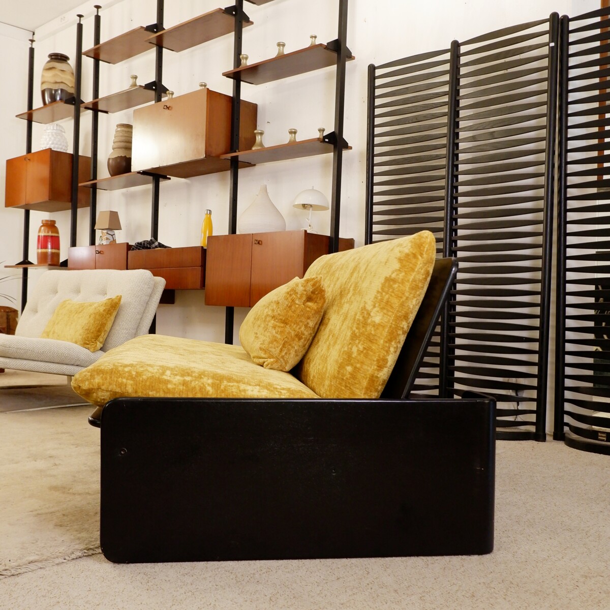 Italian sofa with black lacquered frame and new textured gold velvet upholstery