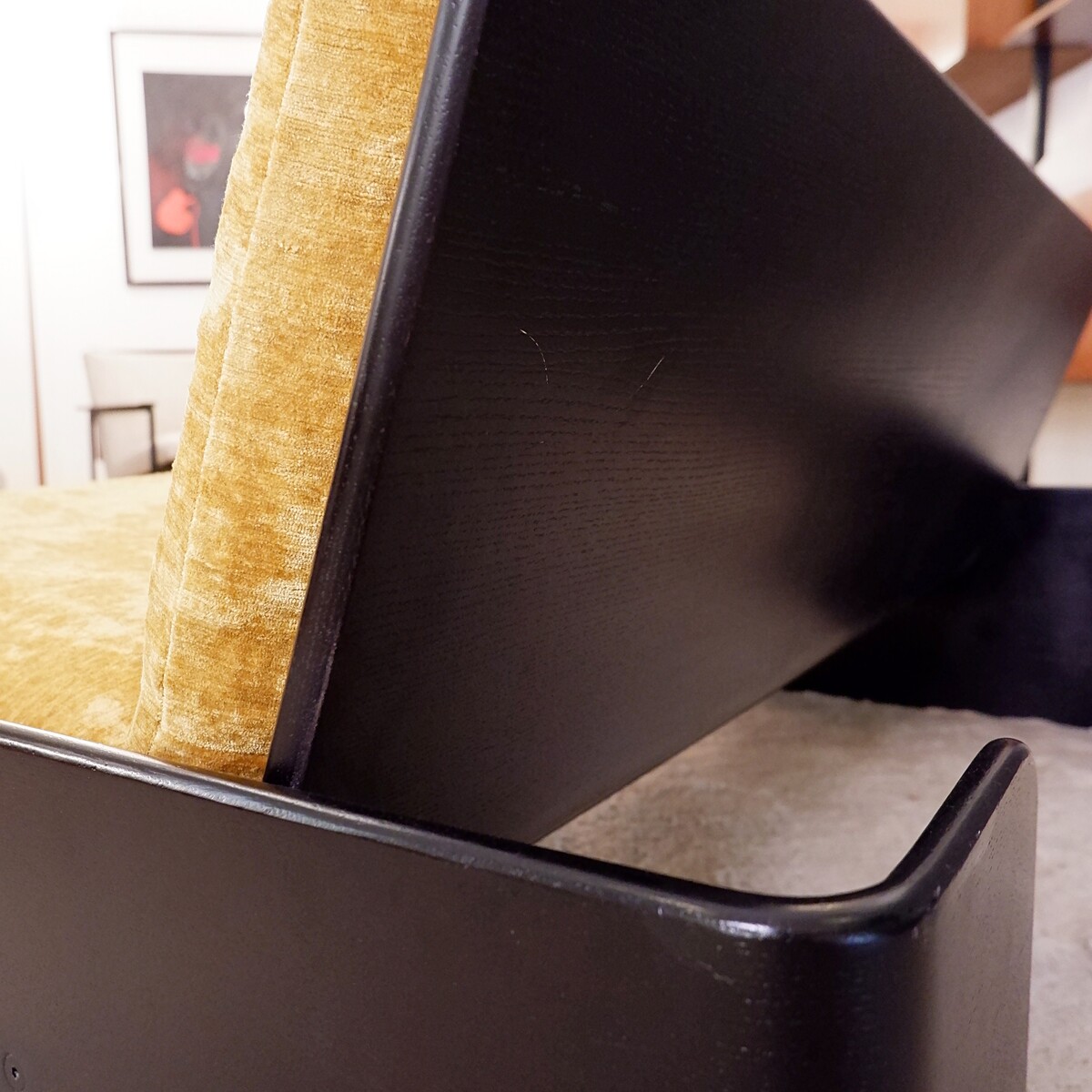 Italian sofa with black lacquered frame and new textured gold velvet upholstery