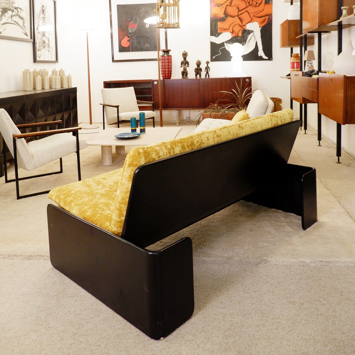 Italian sofa with black lacquered frame and new textured gold velvet upholstery