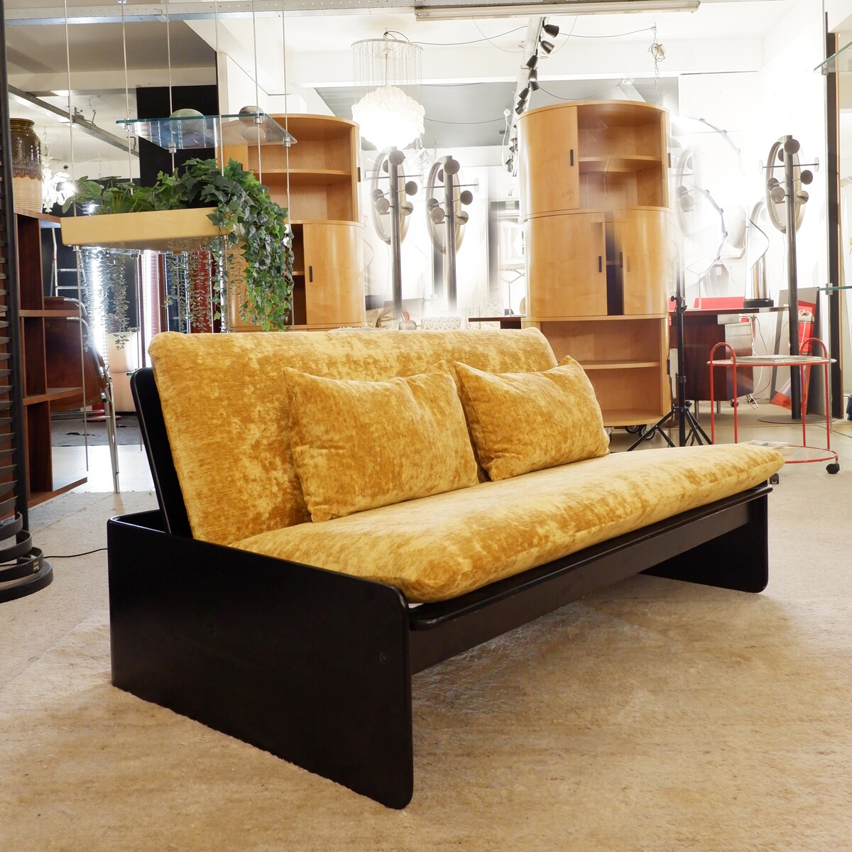 Italian sofa with black lacquered frame and new textured gold velvet upholstery